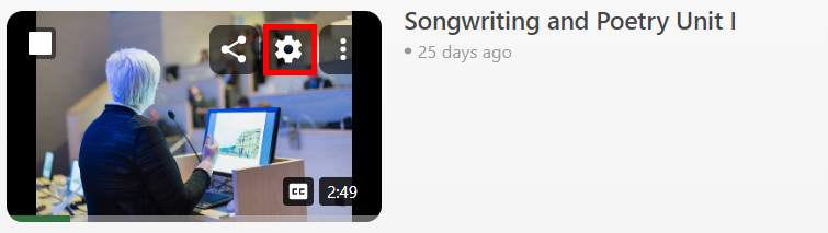 Video in the library. It has been hovered over, and on it, three icons appear in the upper right corner. The Settings icon, a cogwheel, is highlighted by a red box.