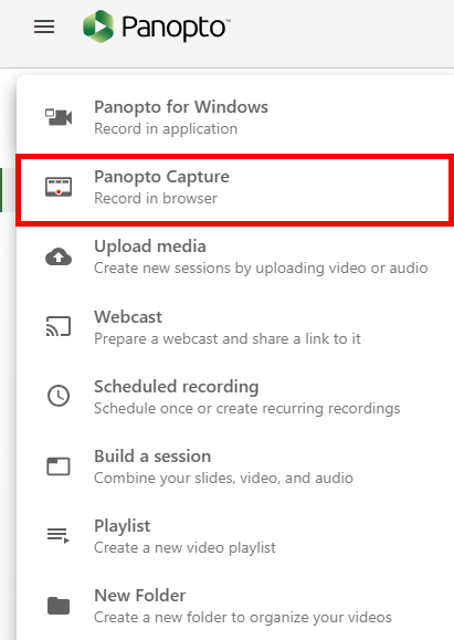 Create menu, Panopto Portal. On it, "Panopto Capture," the second option, is highlighted by a red box.