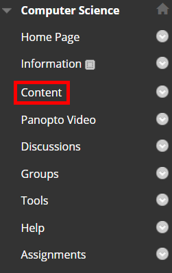 Left-hand navigation of a Blackboard course. The option "Content" is highlighted by a red box.