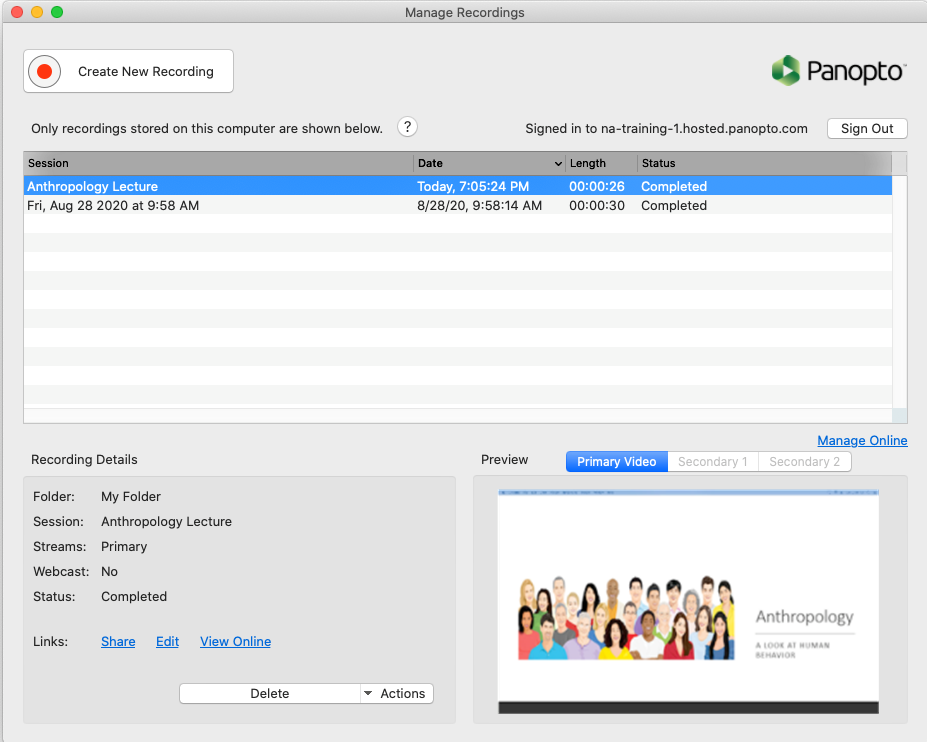 Panopto for Mac application's "Manage Recordings" window.