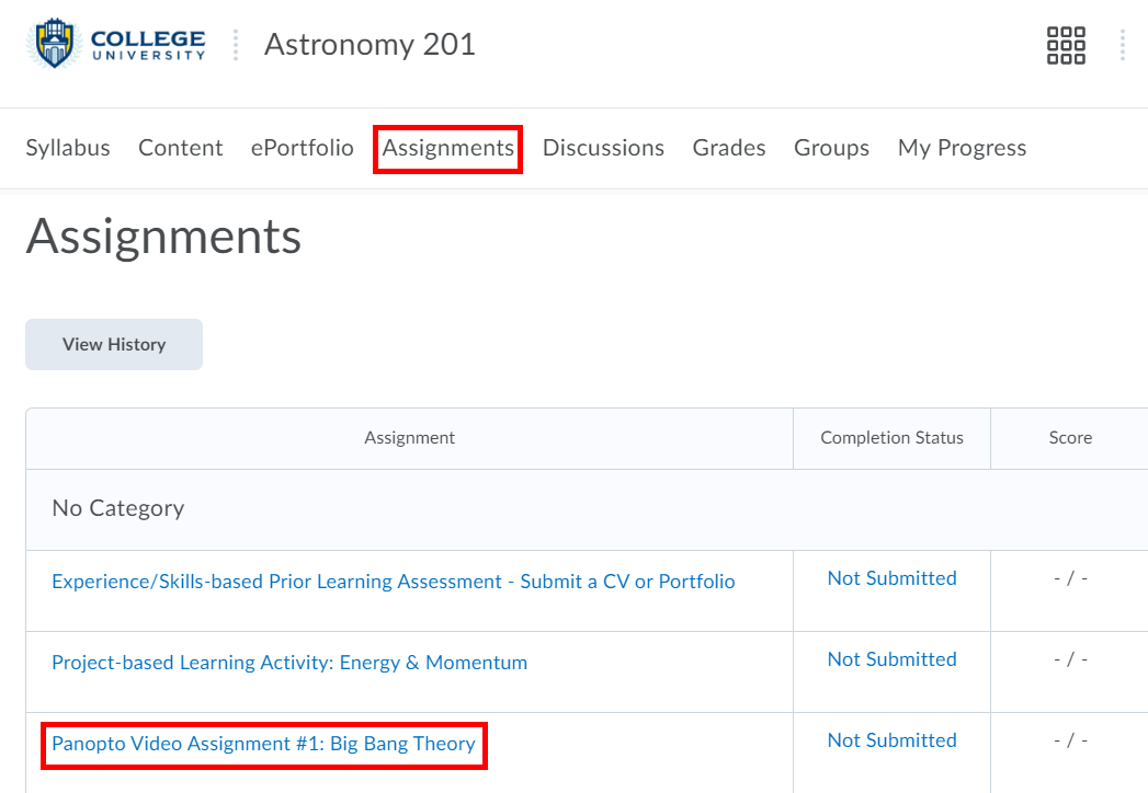 The Assignments tab in a D2L Course. The toolbar option "Assignments" is highlighted by a red box, as is a Panopto video assignment in the list.