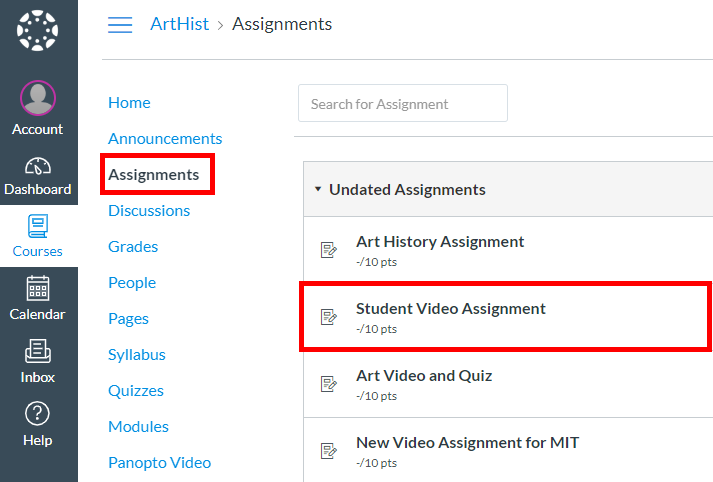 Canvas, Courses tab. The left-hand navigation option, "Assignments" is highlighted by a red box as is an assignment.