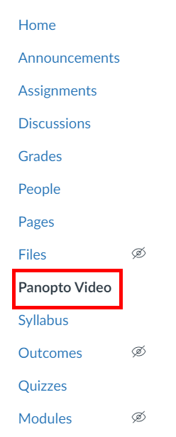 Left-hand navigation of a Canvas course. The option "Panopto Video" is highlighted by a red box.
