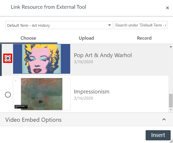 "Link Resource from External Tool" window. On it, a video is selected and highlighted by a red box.