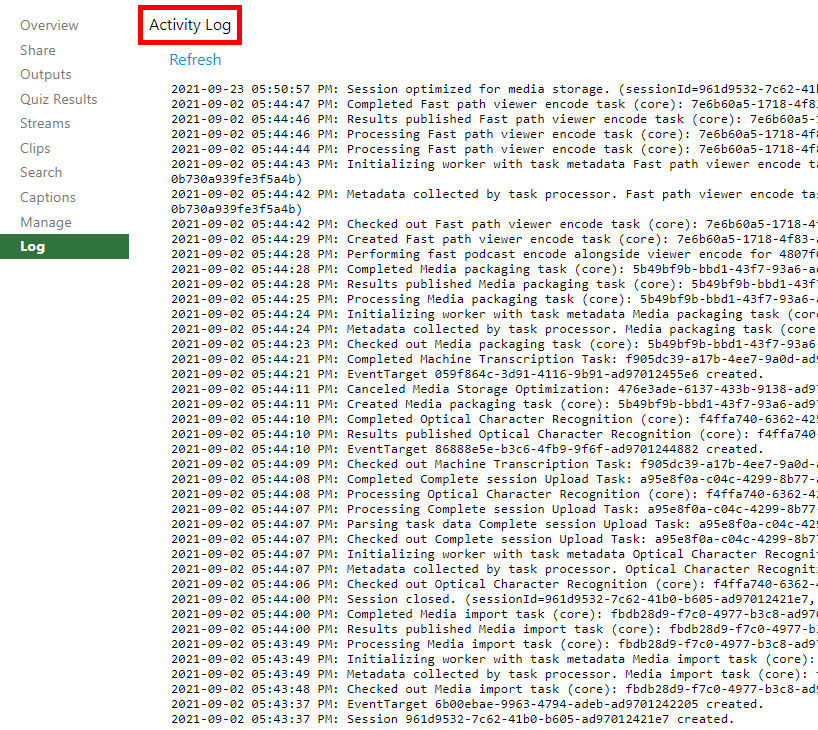 How to View the Processing Activity Log for a Video