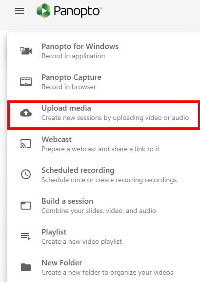 Create menu, Panopto. On it, the third option down, "Upload media," is highlighted by a red box.