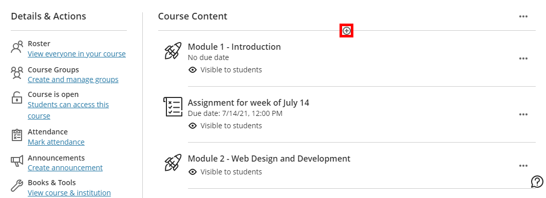 Blackboard Ultra course. On it, under Course Content, the + icon is highlighted by a red box.