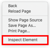 Right-click menu in Safari. On it, "Inspect Element" is highlighted by a red box.