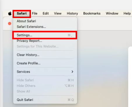 Upper left hand corner of a Mac. The dropdown Safari is expanded, and "Settings..." is highlighted by a red box.