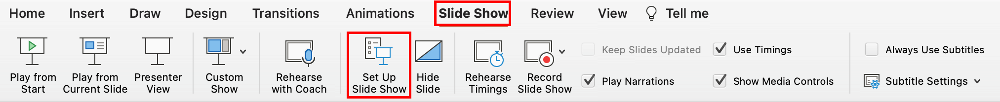 Top toolbar, PowerPoint for Mac. On it, the Slide Show tab is selected and highlighted by a red box. On the Slide Show ribbon, the button "Set Up Slide Show" is highlighted by a red box.