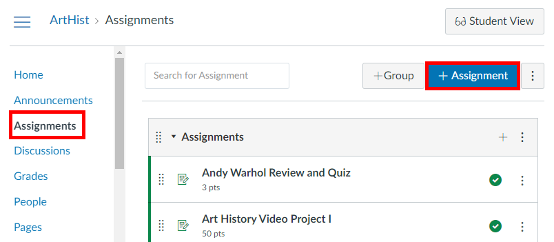 Canvas course. In the left-hand navigation, the "Assignments" tab is selected and highlighted by a red. On the Assignments window, which appears on the right hand side of the screen, the button + Assignment is highlighted by a red box.