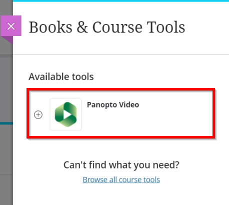 Books & Course Tools tab in Blackboard Ultra. Panopto Video is highlighted by a red box.