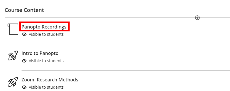 Course Content portion of Blackboard. On it, "Panopto Recordings" is highlighted by a red box.