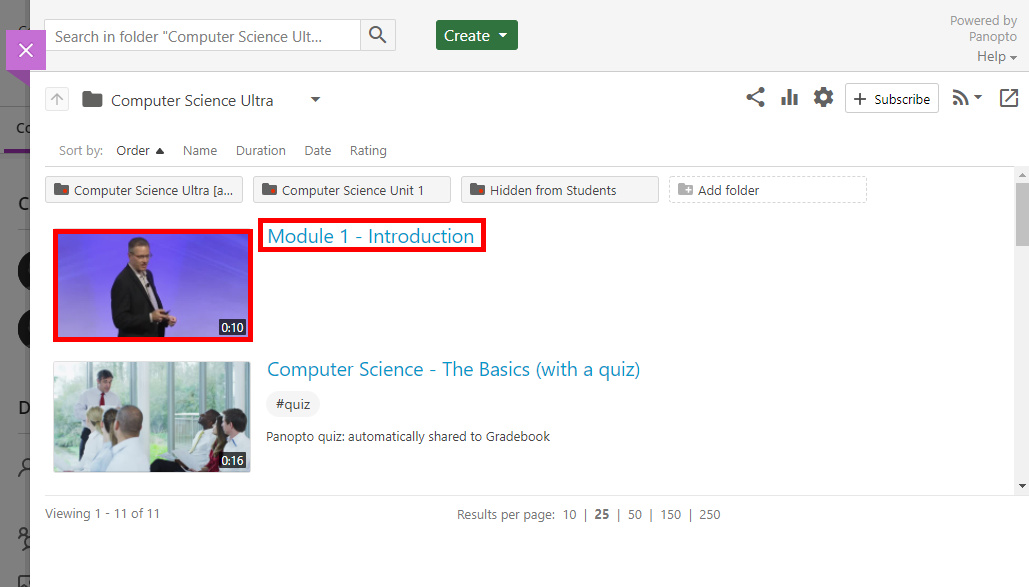 Panopto course folder appears in a Blackboard Ultra course. One of the video's title and thumbnail image are highlighted by red boxes.