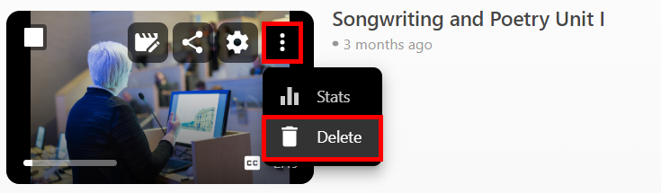 Video in the video library. It's been hovered over, and three icons appear. The third icon, for the More menu (three vertical dots) is highlighted and the menu is expanded. On it, the option "Delete" is highlighted by a red box.